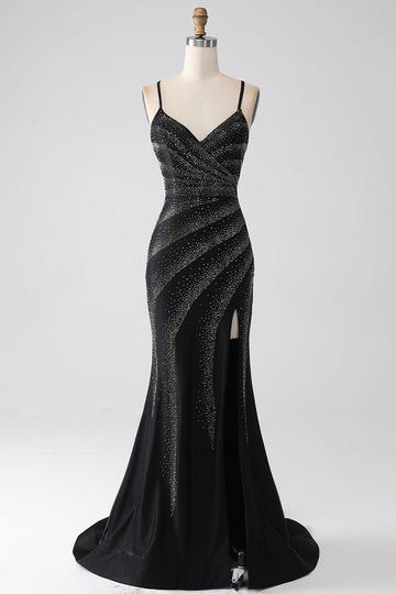Black Mermaid Spaghetti Straps Beaded Long Ball Dress with Slit